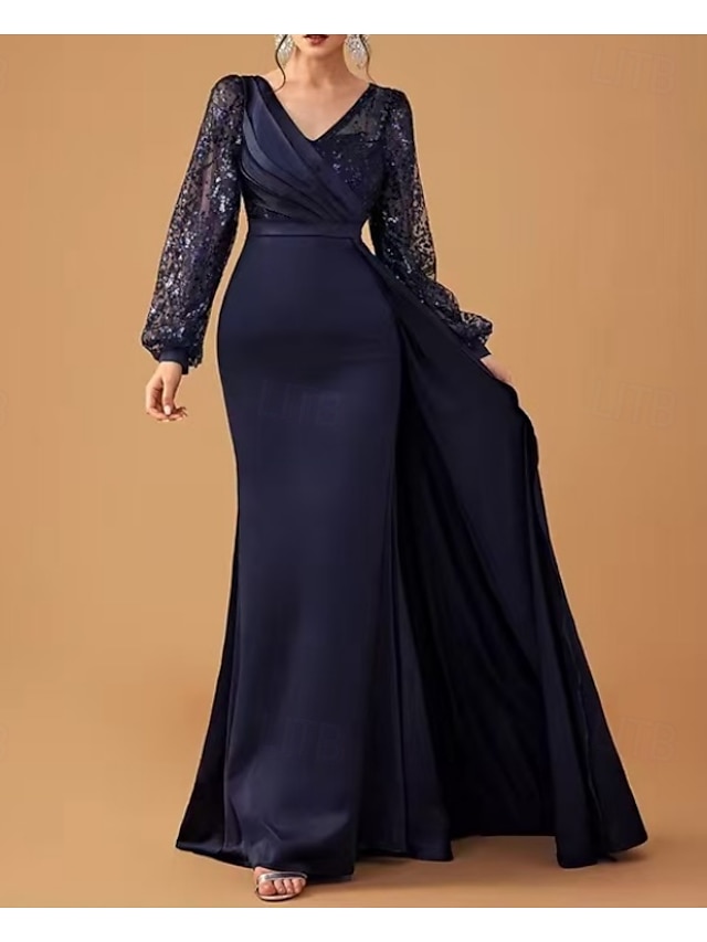  Trompete / Meerjungfrau Abendkleider Elegant Kleid Leistung Gala Pinsel Schleppe Langarm V Ausschnitt Gürtel / Schärpe Charmeuse mit Glitzer Gerafft Paillette 2025
