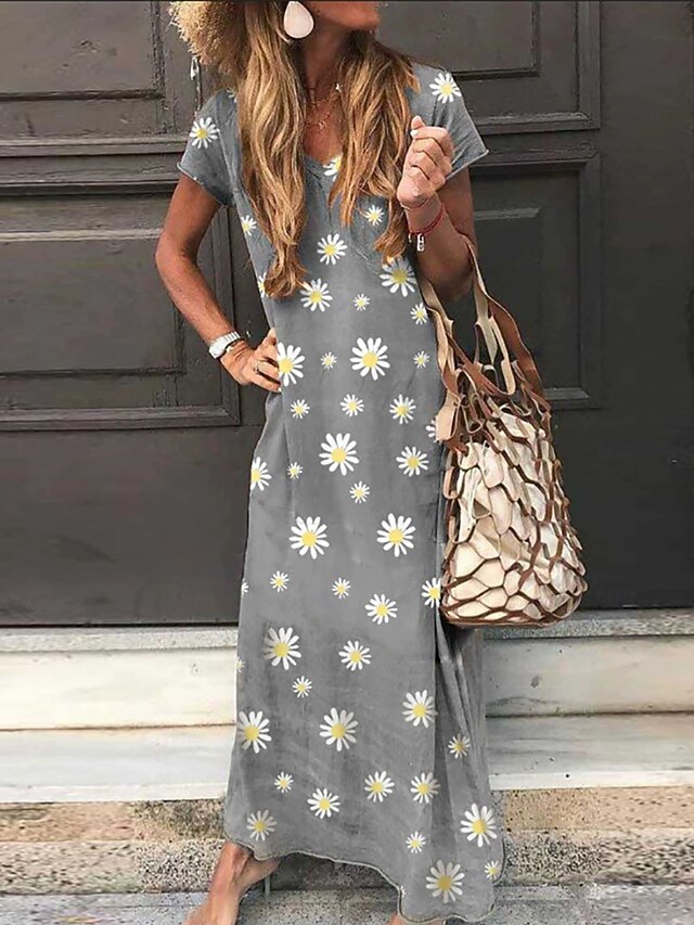 Women's Long Dress Maxi Dress Casual Dress Summer Dress Fashion Vacation Daily Holiday Loose Fit Floral Daisy Short Sleeve V Neck Grey Light Blue Summer3