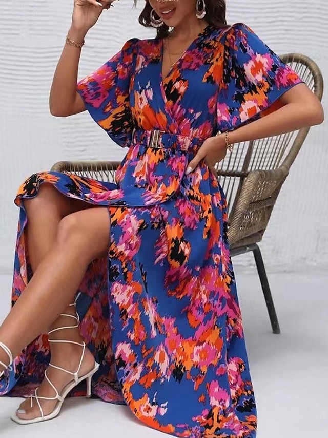  Damen Midikleid Corsagenkleider A Linie Kleid Figurbetontes Kleid Urlaub Ausgestellter Ärmel Urlaub Täglich Strand Regular Fit Graphic Kurzarm V Ausschnitt Blau Grün Sommer