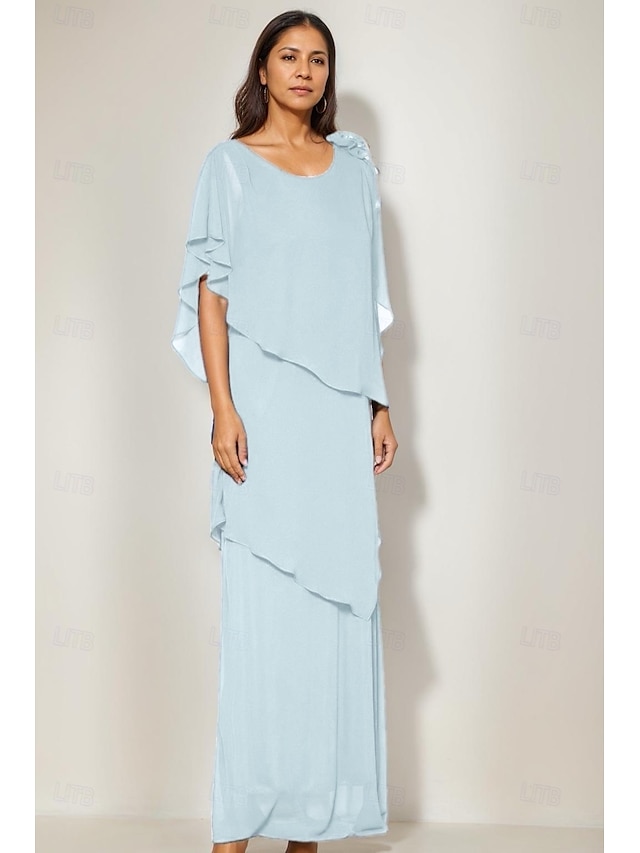  Robe mère de la mariée fourreau  colonne élégante à col bijou longueur sol chiffon floral à courte manche avec volants