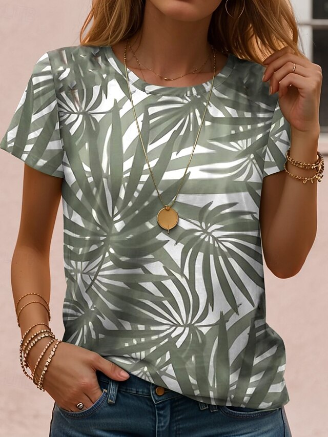 Women's T Shirt Floral Casual Short Sleeve Round Neck Regular Tops Daily Going out Weekend Print Green Summer3
