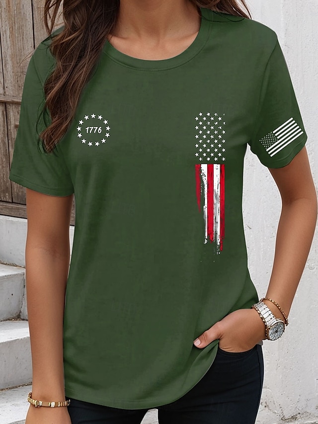  Uavhengighetsdagen Kvinners Patriot Patriotisk Veteran T-skjorte Grafisk Flagg Stilig Uformell Kortslettet Rund Hals Regulære Topper Daglig Helg Trykk Grønn Sommer Vår