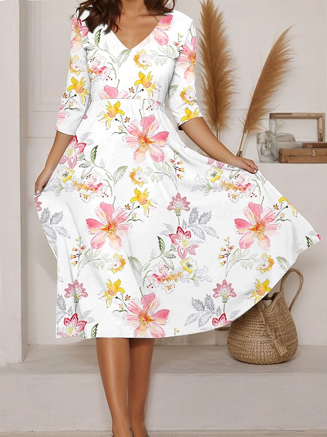  Femmes Robe Midi Robe trapèze Robe d'été Vacances Occasionnel Quotidien Coupe régulière Fleuri Graphique manche longue Col en V Rose Claire Bleu Vert Été