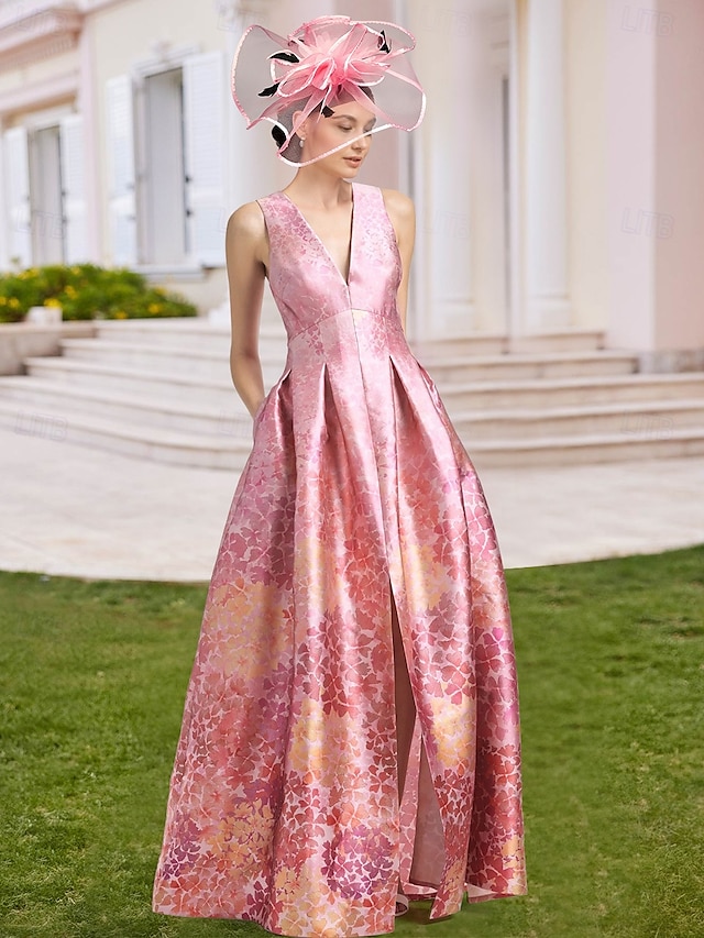  A-linjig Aftonklänning Hög Slits Klänning Strand Bröllop Formell Bröllop Gäst Golvlängd Ärmlös V-hals Ficka Satin med Blommönster Slits Ficka Derby Klänning Racedag Klänning Bröllop Gäst Klänning 2025