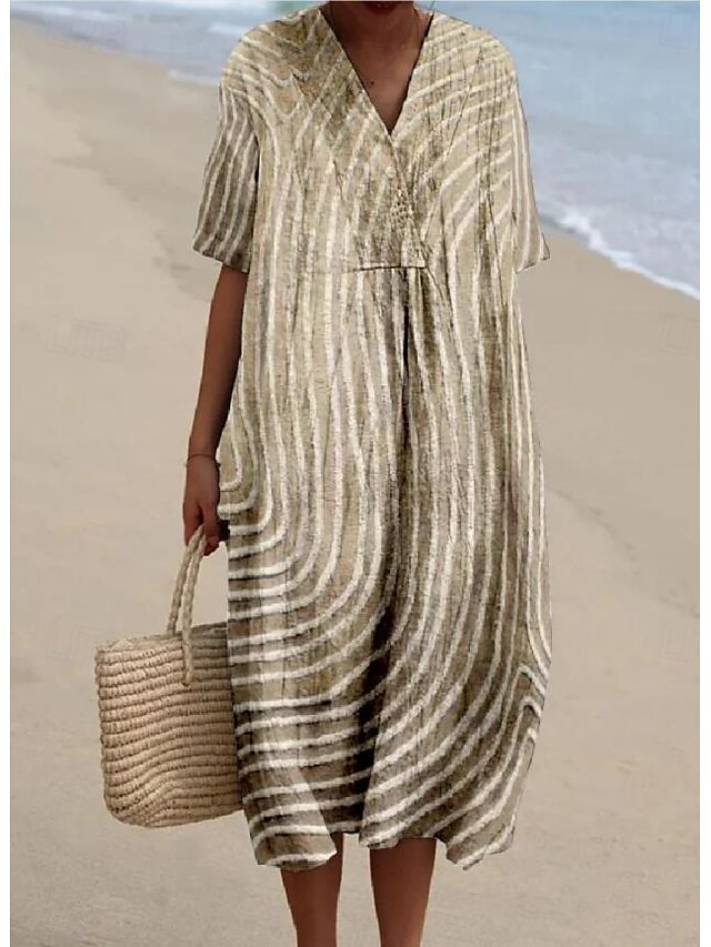  Pentru femei Rochii Midi Rochie de Vară Rochie A line Vacanță Casual Stiluri de Plajă Ieșire Potrivire Largă Grafic Geometric Manșon scurt În V Roșu Claret Portocaliu Alburiu Gri Închis Vară