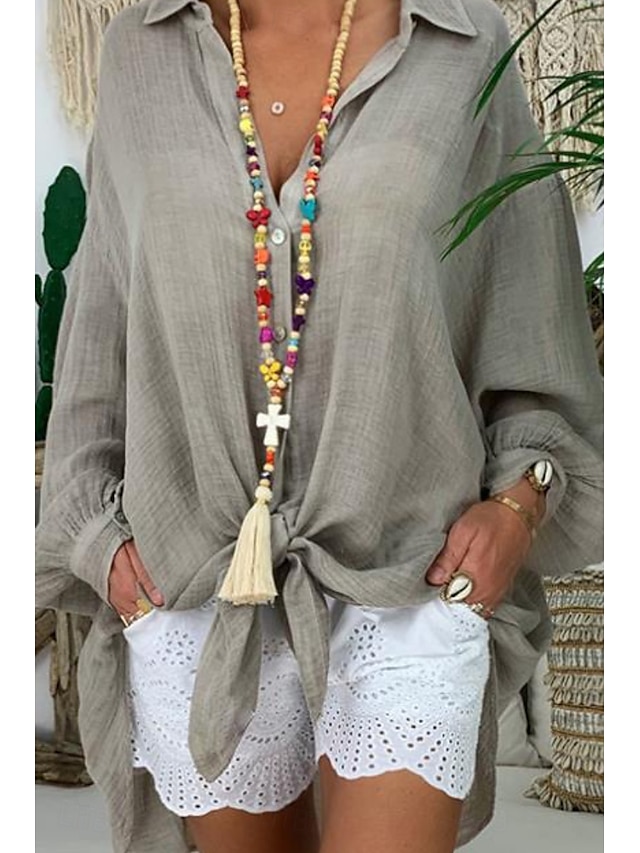  Per donna Camicia Camicie di cotone e lino Abbottonare Blusa Semplice Essenziale Moderno Manica Lunga Colletto a Camicia Top lunghi Ferie Uscire Bottoni Asimmetrico Nero Bianco Blu Viola Grigio Estate