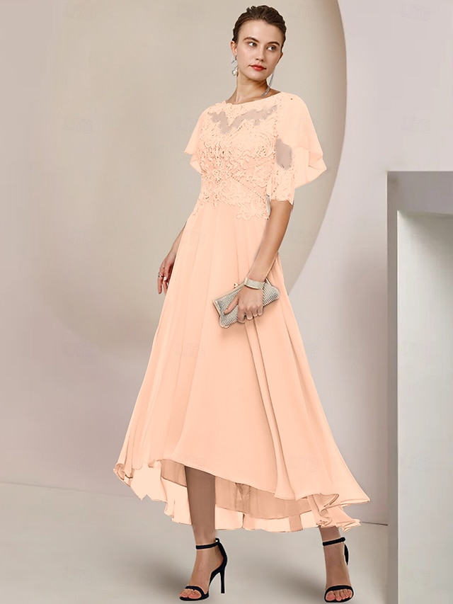 Elegant A-Line Boat Neck Printed Flower Asymmetrical Mother of the Bride & Groom Dresses