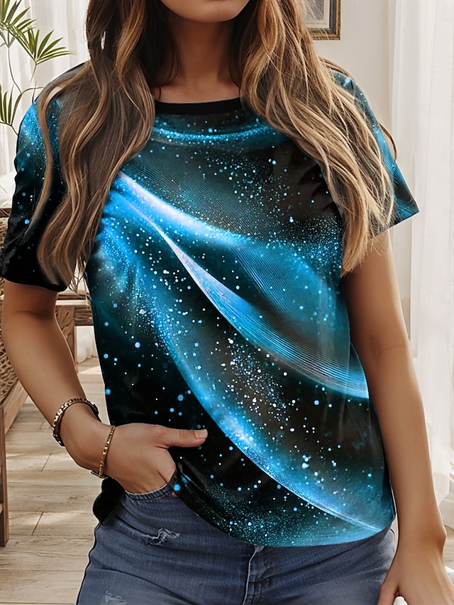  Women's T Shirt Ombre Graphic Geometric Casual Short Sleeve Round Neck Regular Tops Daily Print Blue Purple Summer Spring