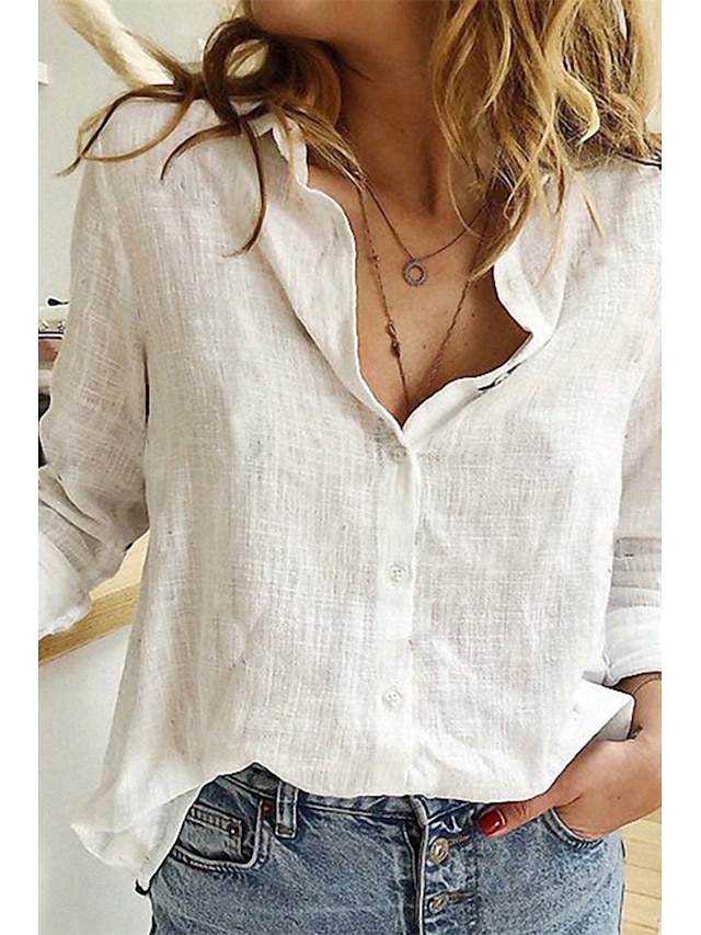  Femmes Chemise Chemises en coton et lin Boutonner Chemisier Uni Moderne Occasionnel manche longue Col de chemise Hauts Réguliers Quotidien Fête Sortir Boutons Noir Blanche Jaune Rose Claire Été