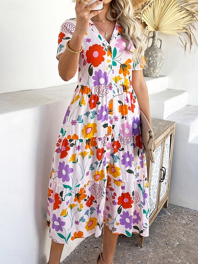  Kvinnors Maxi Klänning A Linje Klänning Fit Och Flare Klänning Avslappnad Semester Daglig Regular Fit Grafisk Kort Ärmar V Hals Vit Gul Rosa Khaki Sommar