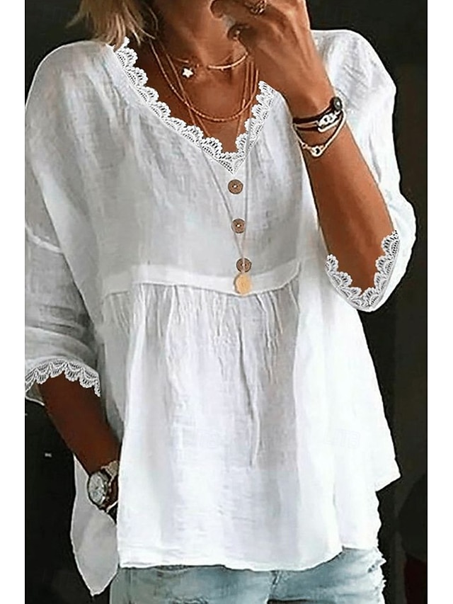  Mujer Camisa Camisas de algodón y lino Blusa Plano Básico Moderno Casual Manga 3/4 Escote en Pico Tops regulares Diario Festivos Noche Frunce Blanco Rosa Azul claro Verano