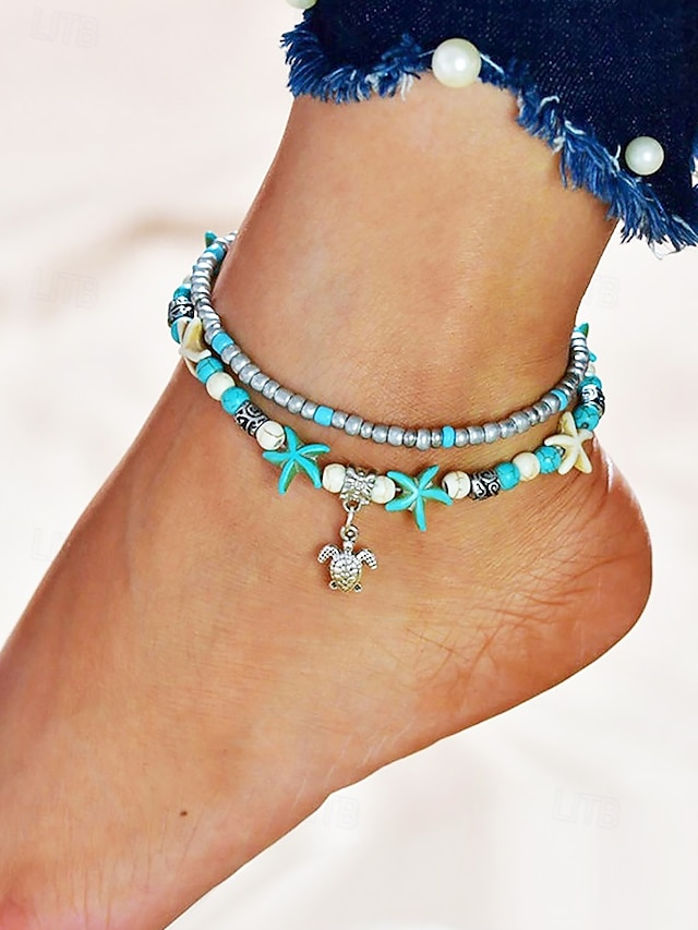  Tobillera con dije de estrella de mar y tortuga estilo bohemio: pulsera de tobillo con capas de cuentas hecha a mano, joyería de surfista de playa para mujeres y niñas, accesorio para pies para las vacaciones de verano