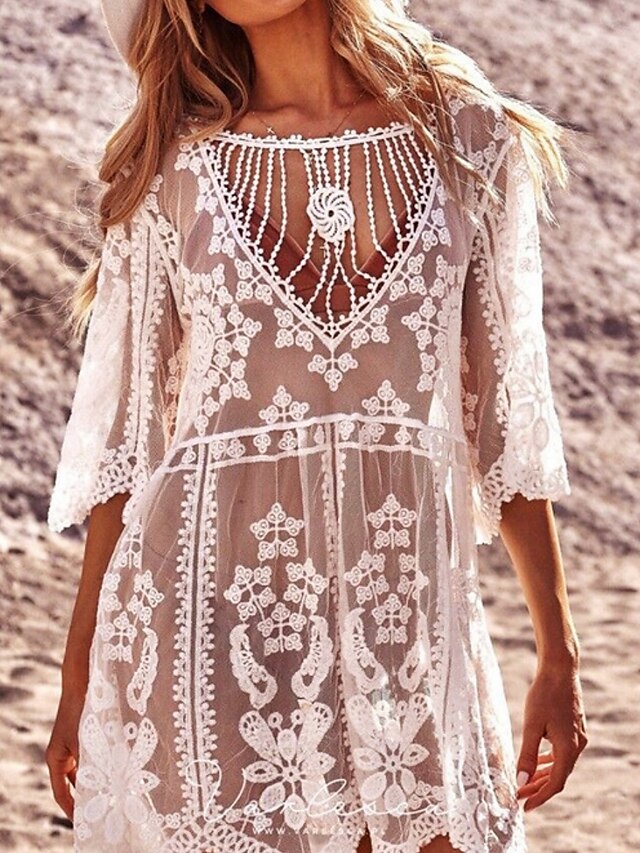  Maillots de bain pour femmes robe de plage couverture maillot de bain en dentelle patchwork vacances couleur unie col en V à manches longues