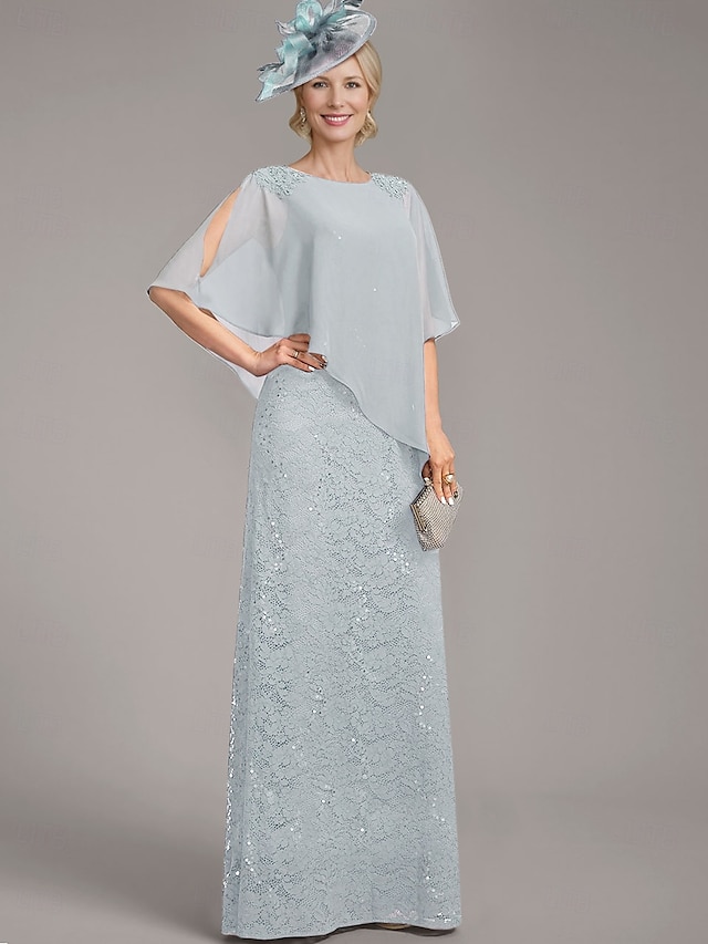  A-Linien-Kleid, elegantes Kleid für die Brautmutter, Rundhalsausschnitt, bodenlang, Chiffon, halbe Ärmel, mit Spitze, einfarbig, 2025