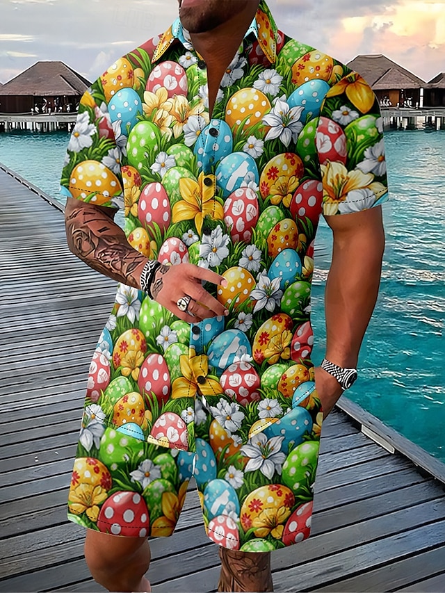  Pasqua Per uomo Floreale 2 pezzi Set di camicie Set Camicia Manica Corta Pantaloni corti Collo ripiegato Casual All'aperto Casuale Quotidiano Stampa 3D Estate Blu Verde