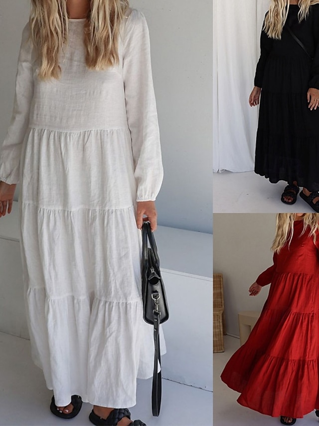  Per donna Abito Midi Abiti ispirati al lino Abito in cotone e lino Moda Moderno All'aperto Ferie Uscire Vestibilità regolare Semplice Manica Lunga Girocollo Nero Bianco Rosso Estate
