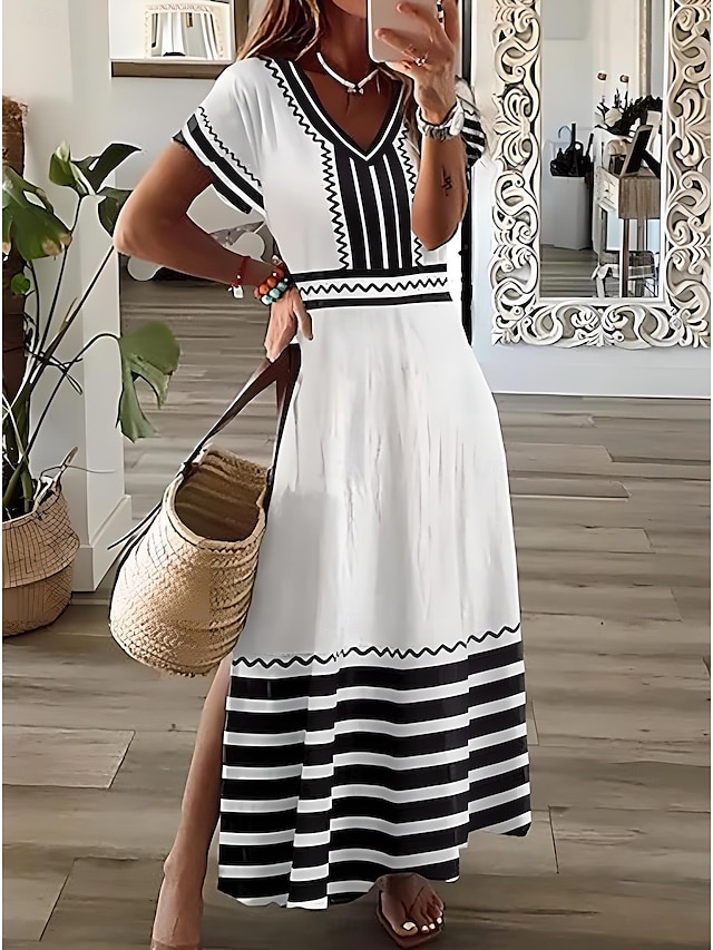  Damen Midikleid Sommerkleid A Linie Kleid Urlaub Lässig Urlaub Täglich Normale Passform Grafik Geometrisch Gestreift Kurzarm V Ausschnitt Weiß+Schwarz Sommer