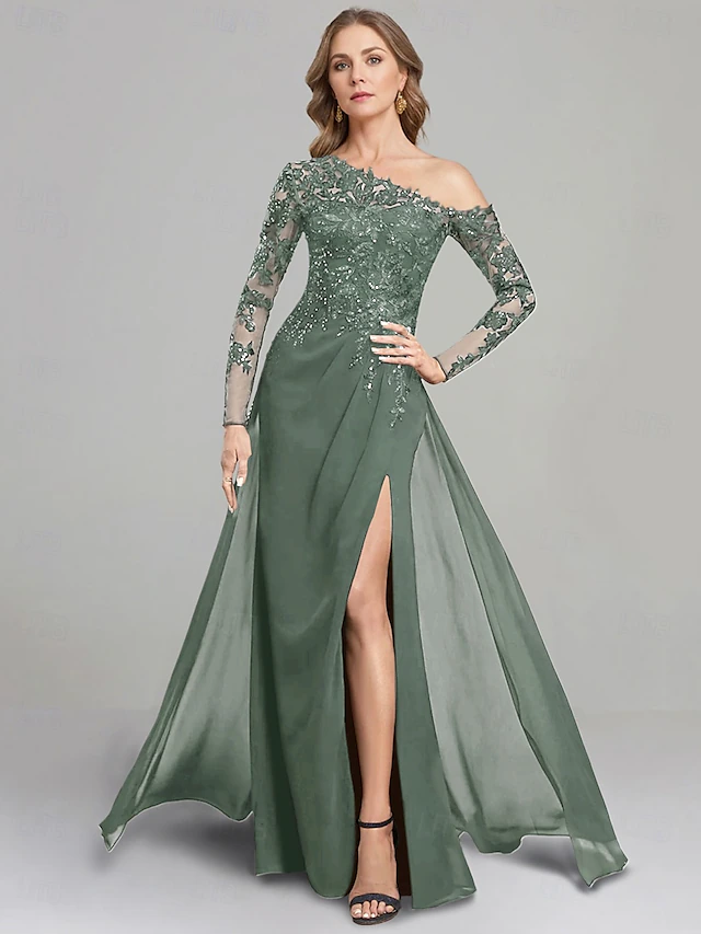 Sheath Dress Mother of the Bride Dress Formal Elegant One Shoulder Floor Length Chiffon Long Sleeve with Lace Solid Color 11