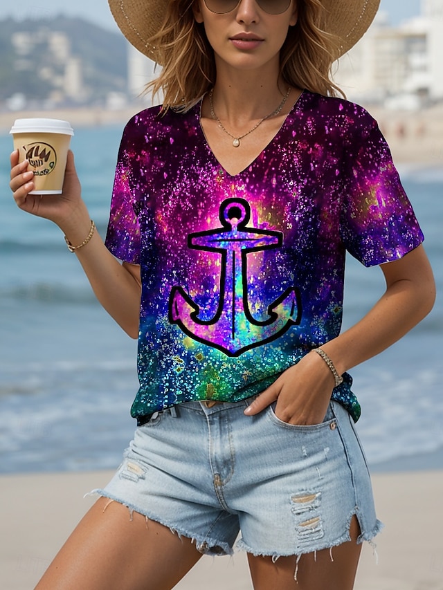  Femme Chemisier A Ombre Graphic Ancre Décontractées Manche Courte Col V Hauts réguliers du quotidien Sortie Tenues de plage Imprimer Fuchsia Eté