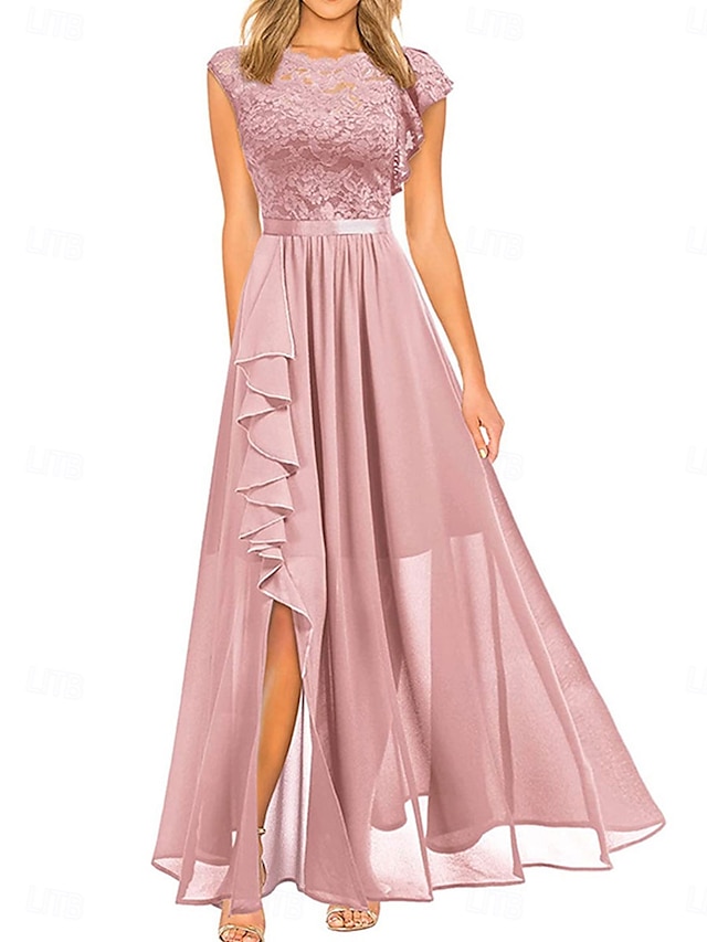  Kleid Mutter der Braut Kleid Hochzeitsgast Elegant Lässig Juwel-Ausschnitt Bodenlang Polyester Kurzarm mit Spitze