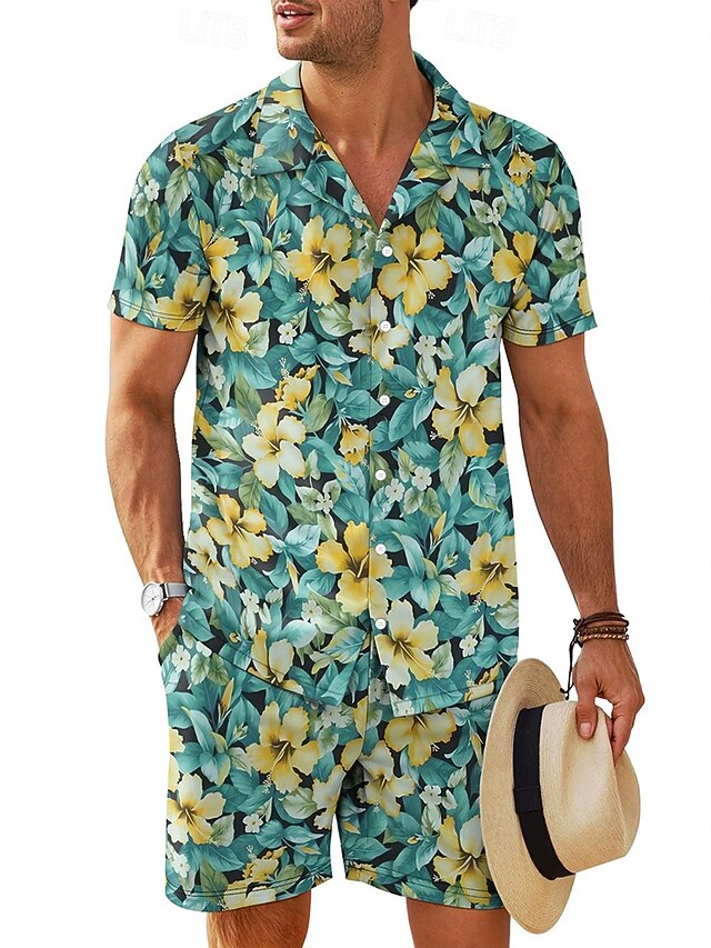  Voor heren Bloemig 2 stuks Overhemden Sets Overhemd Korte mouw Korte broek Cubaanse kraag Vakantie Casual Dagelijks Vakantiekleding 3D-afdrukken Zomer Roodborstje Rood Groen Bruin