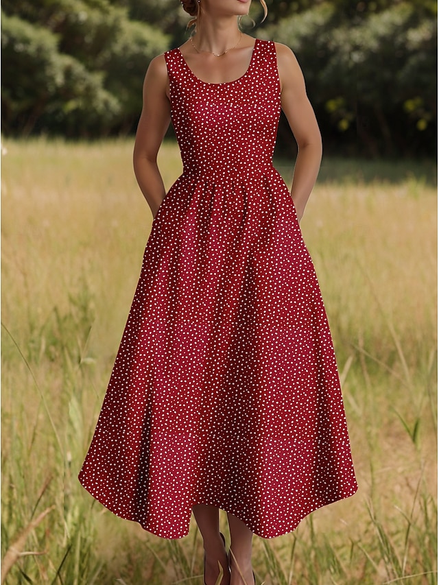  Femmes Robe Midi Robe d'Été Robe trapèze Robe à épaules dénudées Vacances Occasionnel Boho Extérieur Soirée Sortir Coupe régulière Graphique À pois Sans manches Col en U Vin Été