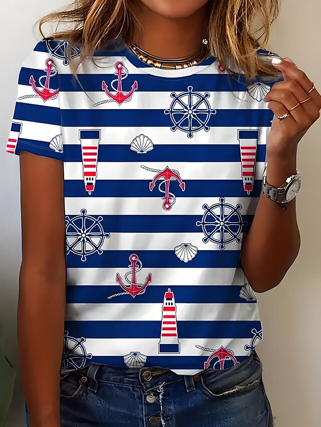  T-shirt dla kobiet w paski Ocean codzienny krótki rękaw okrągły dekolt regularne topy codzienne na wyjście weekend nadruk granatowa latem