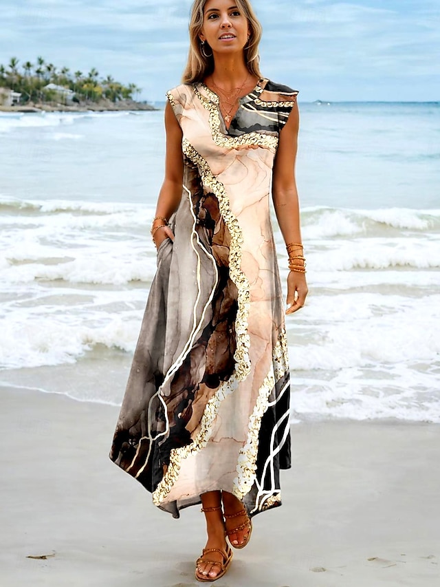  Women's Maxi Dress Sundress Shift Dress Vacation Casual Beach Party Beach Loose Fit Graphic Marbling Sleeveless V Neck Khaki Summer Spring