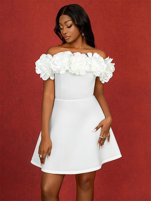  Vestidos de Noiva A-Line Ombro Descoberto Sem Mangas Curto  Mini Vestidos de Noiva Satin com Cor Sólida