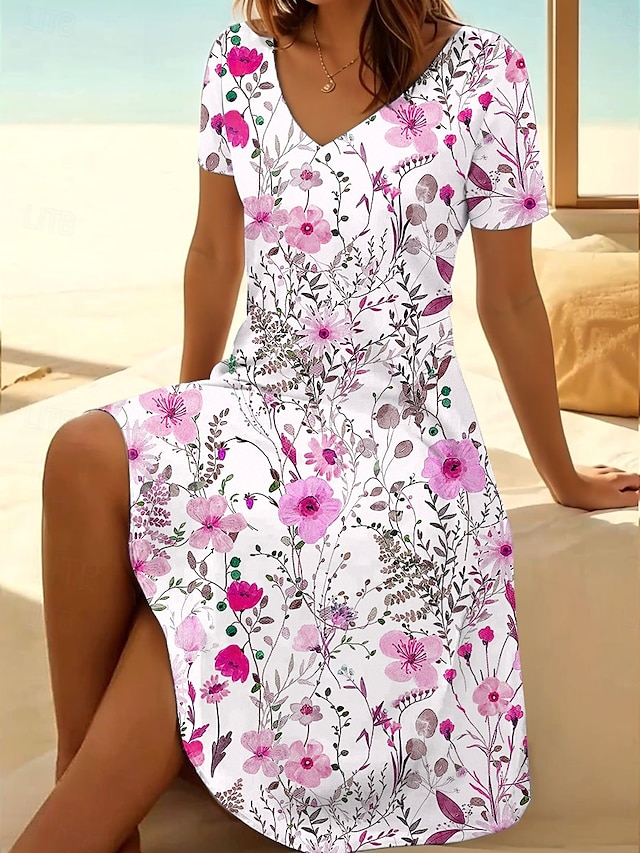  Dames Mini-jurk T shirt jurk Zonnejurk Zomerjurk Vakantie Casual Strandstijl Dagelijks Uitgaan Normale pasvorm Bloemig Grafisch Korte mouw V-hals Blozend Roze blauw Oranje Groen Zomer