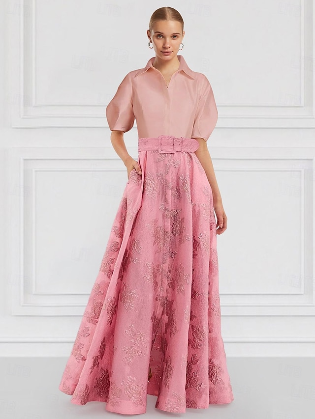  Krój A Sięgająca podłoża Sukienka koszulowa Suknia Suknia wieczorowa Rękaw 1/2 Kołnierzyk koszuli Elegancja Zabytkowe Kwiaty Formalny Gość weselny Nylon Sukienka dla matki panny młodej z Kwiatowy wzór