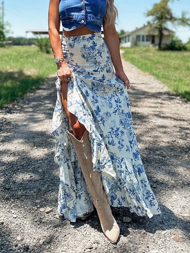  Femmes Jupe Occasionnel Boho Maxi Taille Basse Jupes Fleuri Imprimé Fendu Micro-Élastique Vacances Rue Blanche Été Polyester