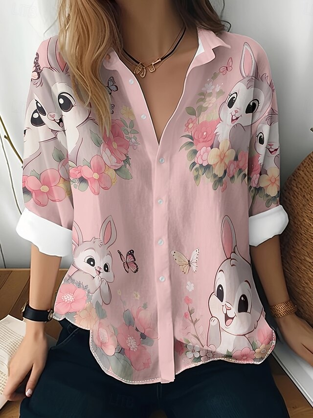 Easter Women's Shirt Button Down Tunic Shirt Collar Long Sleeve Floral Graphic Paisley Cute Casual Regular Tops Work Daily s Print Pink Spring Fall3