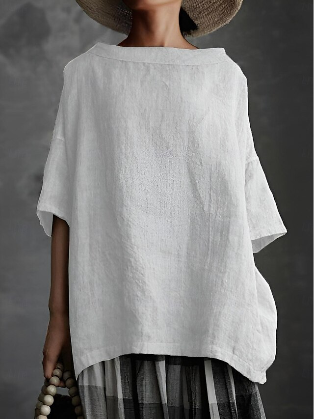  Dames Overhemd Katoenen linnen overhemden Katoenen linnen overhemd Blouse Effen Casual Korte mouw Strakke ronde hals Normale tops Dagelijks Zwart Wit Grijs Zomer