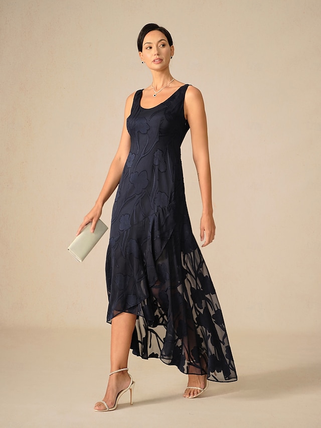 Femmes Robe maxi Robe à Volants Élégant Mariage robe demoiselle d honneur Soirée Fleuri Sans manches Col en U bleu marine Été Printemps
