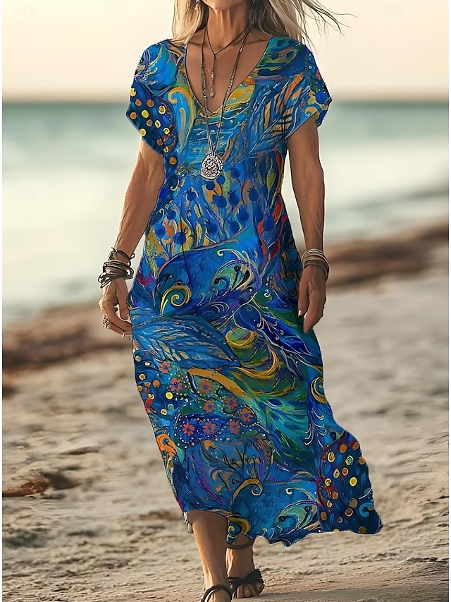  Femmes Robe Midi Robe d'Été Robe trapèze Vacances Occasionnel Boho Sortir Plage Coupe Standard Fleuri Graphique Manche Courte Col en V Bleu Ciel Bleu de minuit Bleu paon Été Printemps