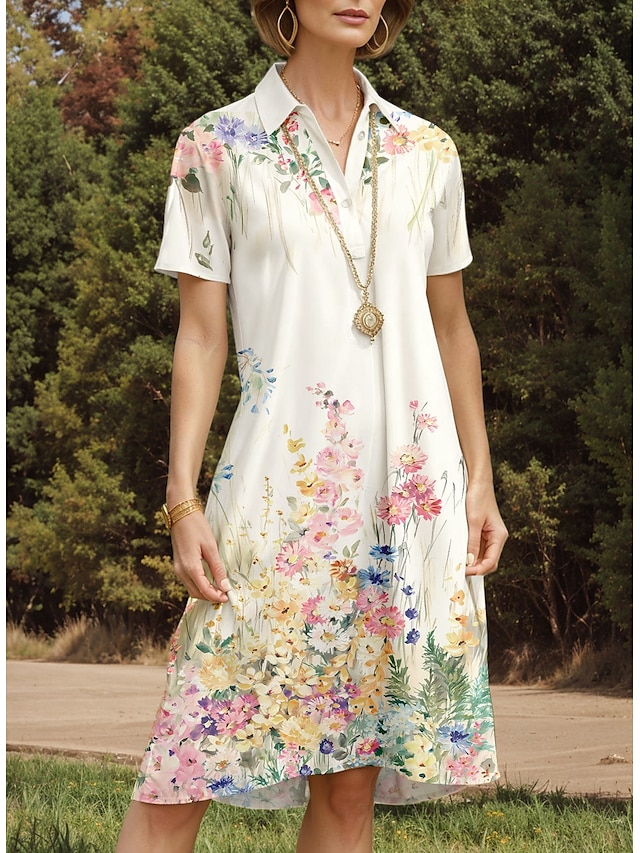  Pentru femei Rochii Midi Rochie A line Vacanță Casual Zilnic Dată Fit regulat Ombre Floral Grafic Manșon scurt Guler Cămașă Galben Vară Primăvară