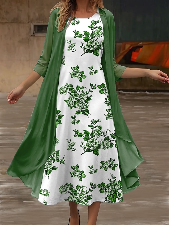  Kvinnors Klänning Set Midi Klänning Sommarklänning Casual Semi Formell Blommig Grafisk Tryck 3/4 Lång Ärmar Rund Hals Daglig Semester Blå Lila Grön Sommar Vår Ledig Passform
