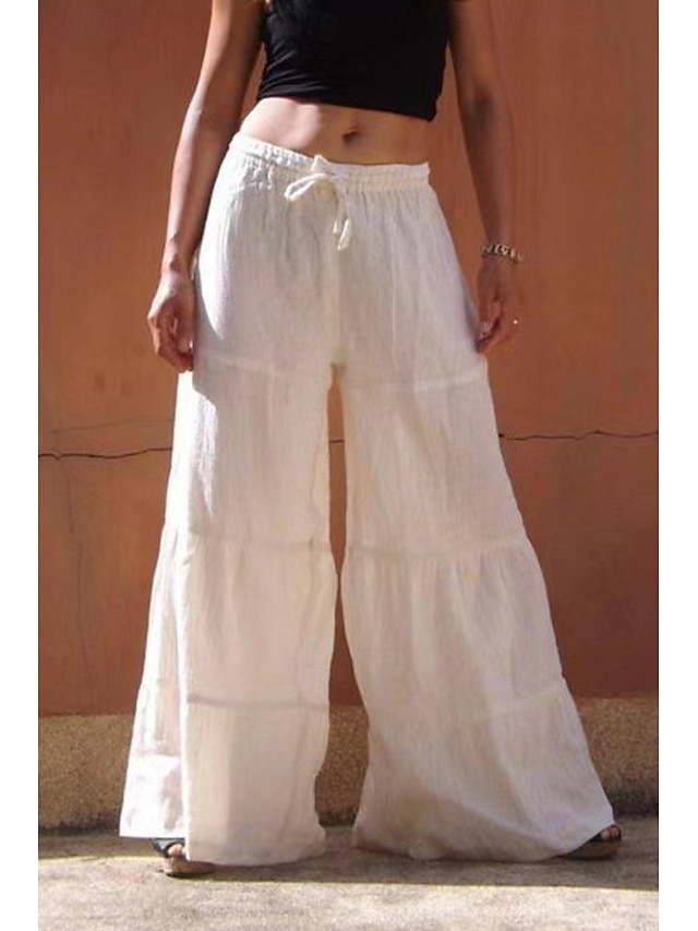  Mujer Pantalones de lino y algodón pantalones Moda Ropa de calle Longitud total Cintura Media Plano Diseño de cordón elástico Confortable Cómodo Noche Fin de semana Blanco Verano Ajuste regular