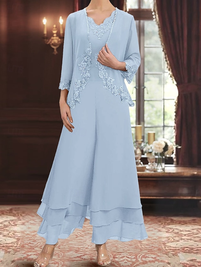  Set di Abiti Madre della Sposa Abito Ospite di Matrimonio Elegante Semplice V Collo Lunghezza Piena Poliestere Maniche Lunghe con Ricamo