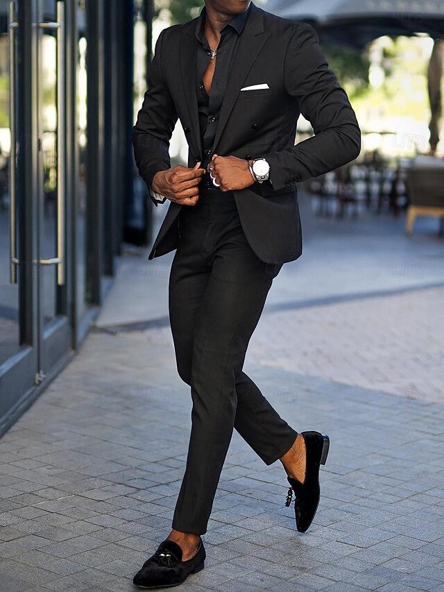 Black Burgundy Royal Blue Men's Fall Wedding Party Prom Suits 2 Piece Solid Colored