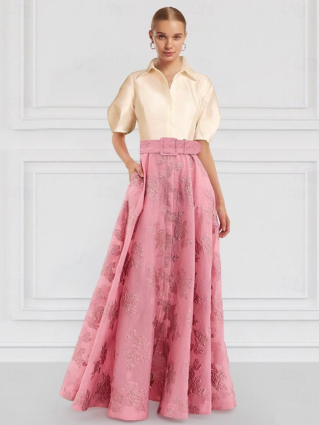  Pink A-Line Evening Gown Elegant Dress Formal Wedding Guest Floor Length Half Sleeve Shirt Collar Belt / Sash Nylon with Floral Print Wedding Guest Dress