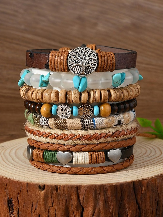  Boho Leather and Bead Bracelet Set for Men and Women – Adjustable Friendship, Tree of Life Charm – Vintage Handmade Tribal Accessories for Casual Wear, Festivals and Daily Fashion