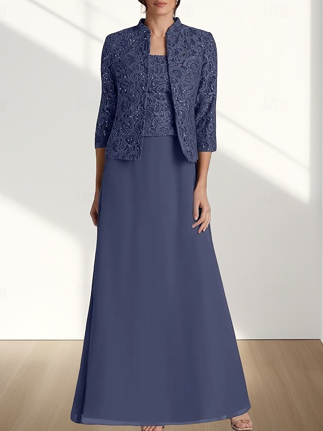 Due Pezzi Linea ad A Abito da cerimonia per signora Ospite di nozze Elegante Collo quadrato Lunghezza al pavimento Chiffon Pizzo Manica 3/4 con Pizzo 2025