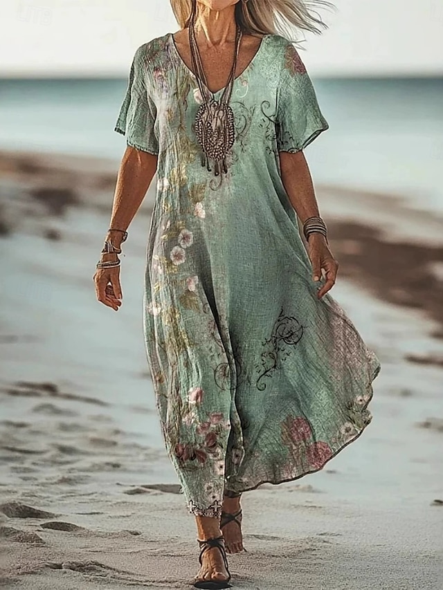  Femmes Robe Longue Maxi Robe Robe Décontractée Robe d'été Robe bohème africain Vacances Quotidien Week-end Coupe régulière Fleuri Manche Courte Col en V Vert Claire Violet Vert Abricot Été