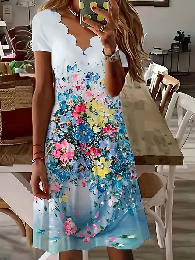 Women's Mini Dress A Line Dress Summer Dress Casual Daily Regular Fit Floral Graphic Short Sleeve V Neck Blue Summer4