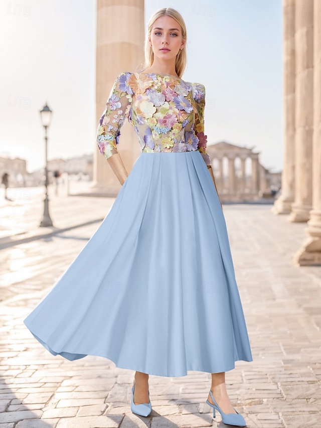  Floral A-Line Embroidered Yellow Cocktail Dresses Elegant Dress Formal Wedding Ankle Length 3/4 Length Sleeve Illusion Neck Satin with Pocket