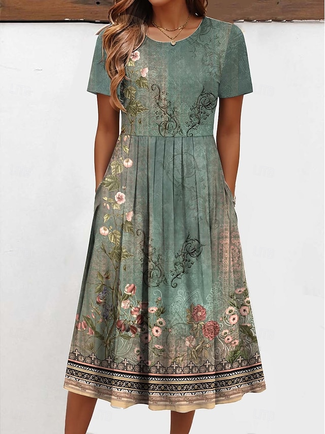  Pentru femei Rochii Midi Rochii Tricou Vacanță Casual Zilnic Fit regulat Floral Grafic Manșon scurt Stil Nautic Verde Deschis Roz Îmbujorat Trifoi Bej Vară