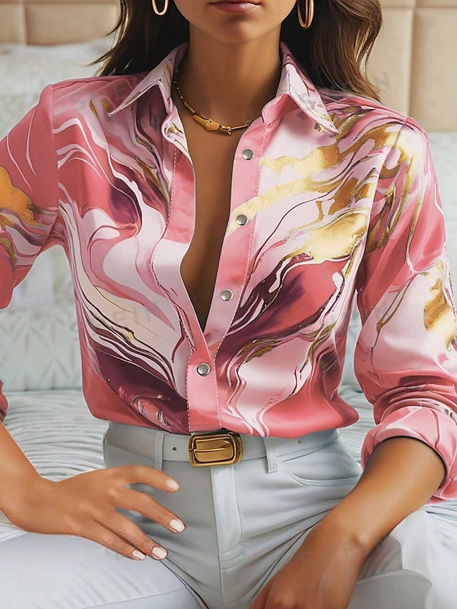  Mulheres Camisa Social Gráfico Cores Gradiente à moda Casual Manga Longa Colarinho de Camisa Tops regulares Diário Botões Imprimir Rosa Azul Roxo Verão Primavera