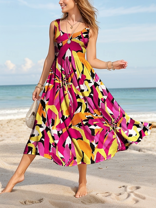  Damen Midikleid Freizeitkleid Sommerkleid A Linie Kleid Schulterfreies Kleid Urlaub Lässig Normale Passform Grafik Geometrisch Abstrakt Ärmellos U-Ausschnitt Rundausschnitt Rote Blau Purpur Grün